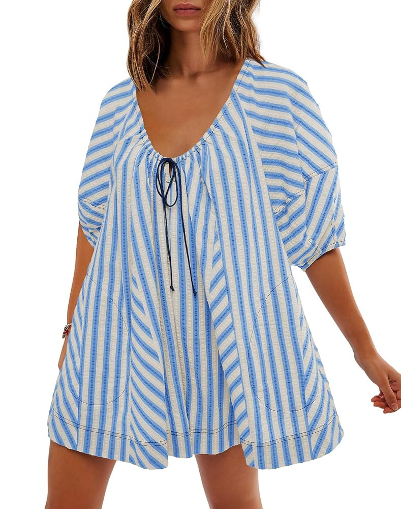 SENSERISE Womens Oversized Striped Romper Dress Shorts Jumpsuit Beach Vacation Clothes with Pocke... | Amazon (US)