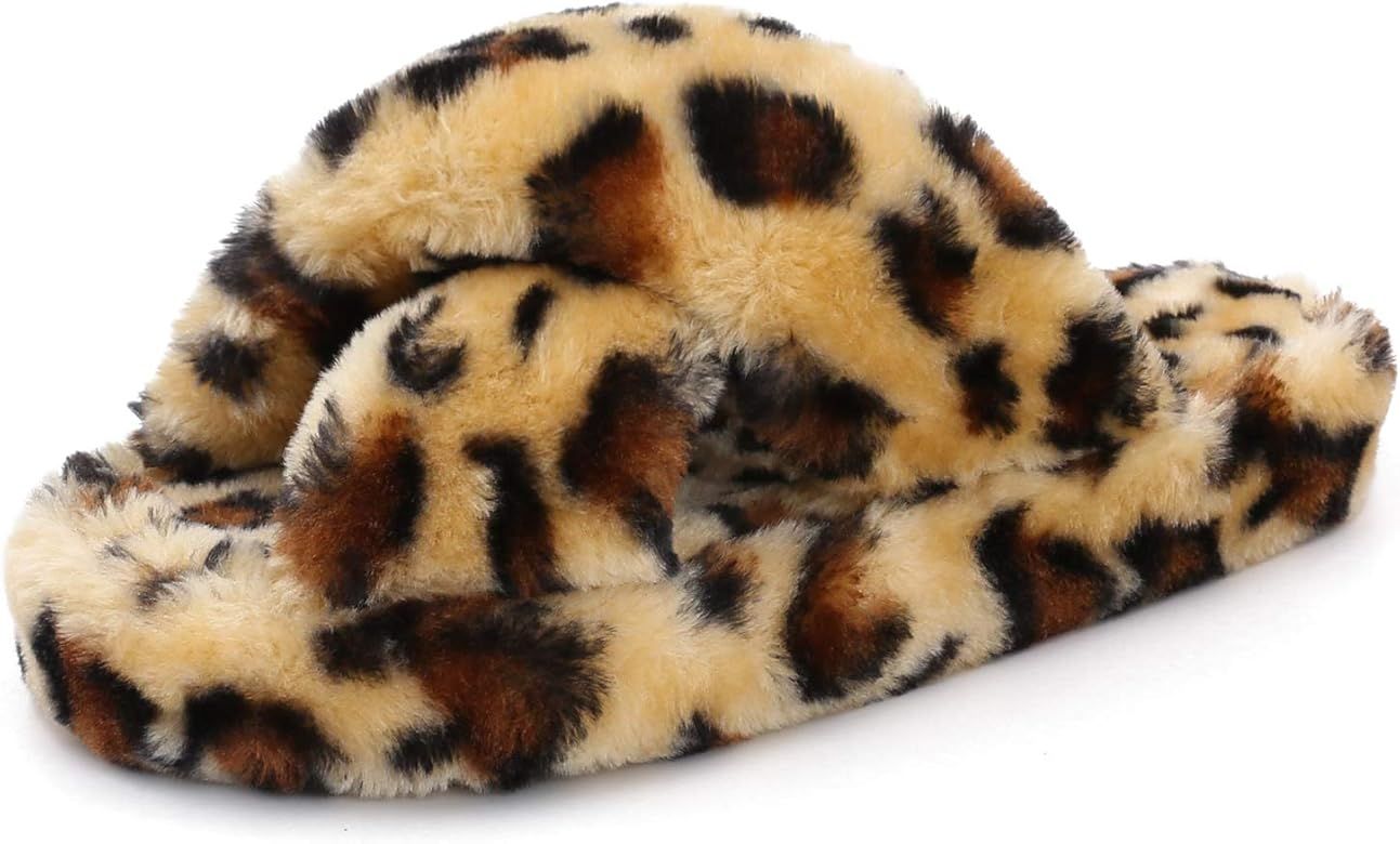 Womens House Fuzzy Slipper Tie Dye Leopard Fluffy Slipper Cross Band Open Toe Comfy Slip On Non-S... | Amazon (US)