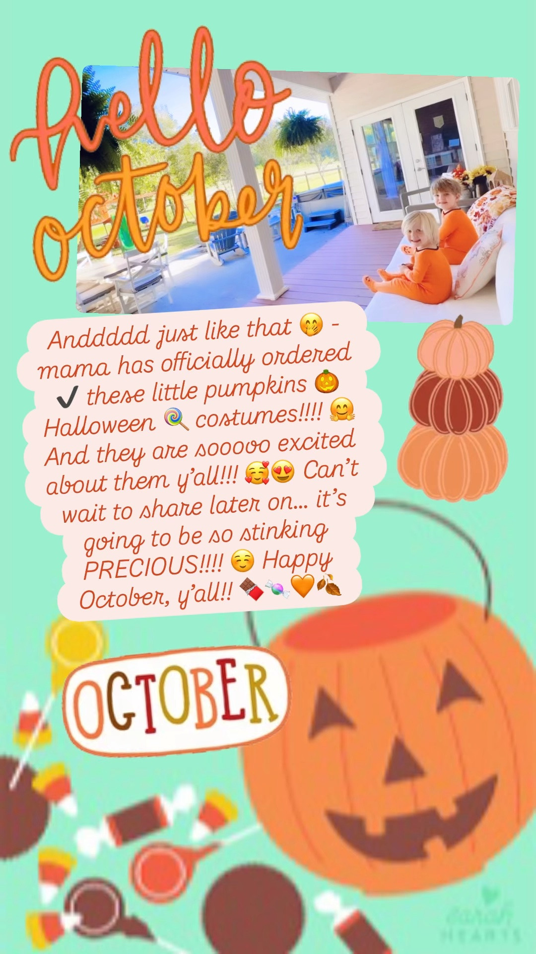 Anddddd just like that 🤭 - mama has officially ordered ✔️ these little pumpkins 🎃 Halloween 🍭 costumes!!!! 🤗 And they are sooooo excited about them y’all!!! 🥰😍 Can’t wait to share later on… it’s going to be so stinking PRECIOUS!!!! ☺️ Happy October, y’all!! 🍫🍬🧡🍂