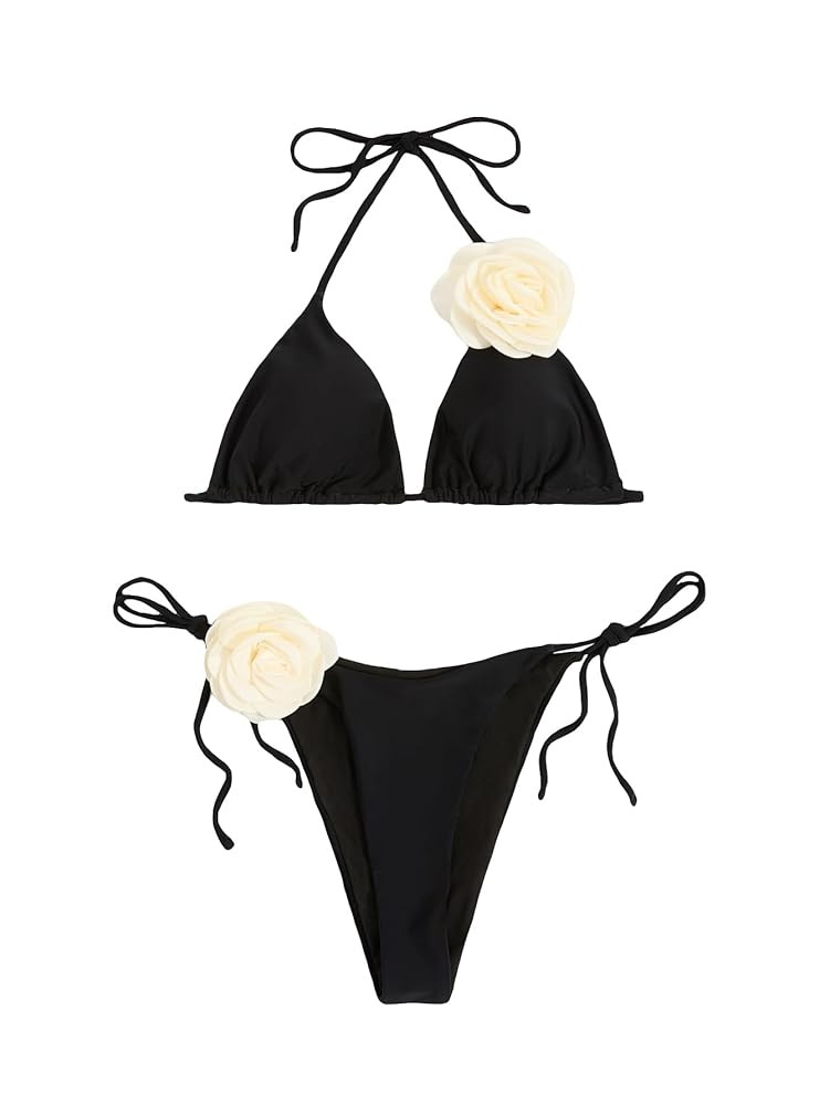 MakeMeChic Women's 2 Piece Bikini Sets 3D Floral Tie Side High Cut Thong Swimsuit Bathing Suit | Amazon (US)