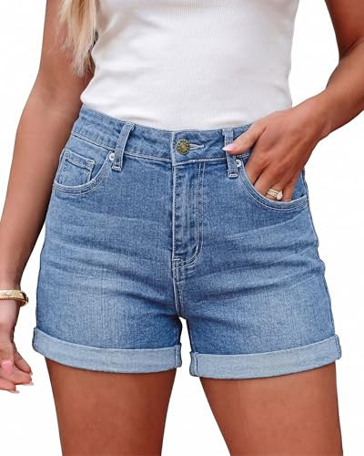 LookbookStore Denim Jean Shorts for Women Summer High Waisted Rolled Hem Cuffed Classic Boyfriend Denim Jean Shorts Little Blue Size XXL | Amazon (US)