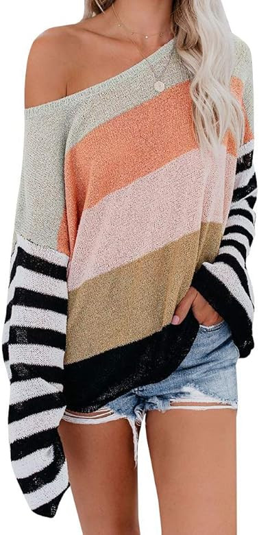 Womens Oversized Pullover Sweater Colorblock Rainbow Striped Casual Long Sleeve Loose Knitted Shi... | Amazon (US)