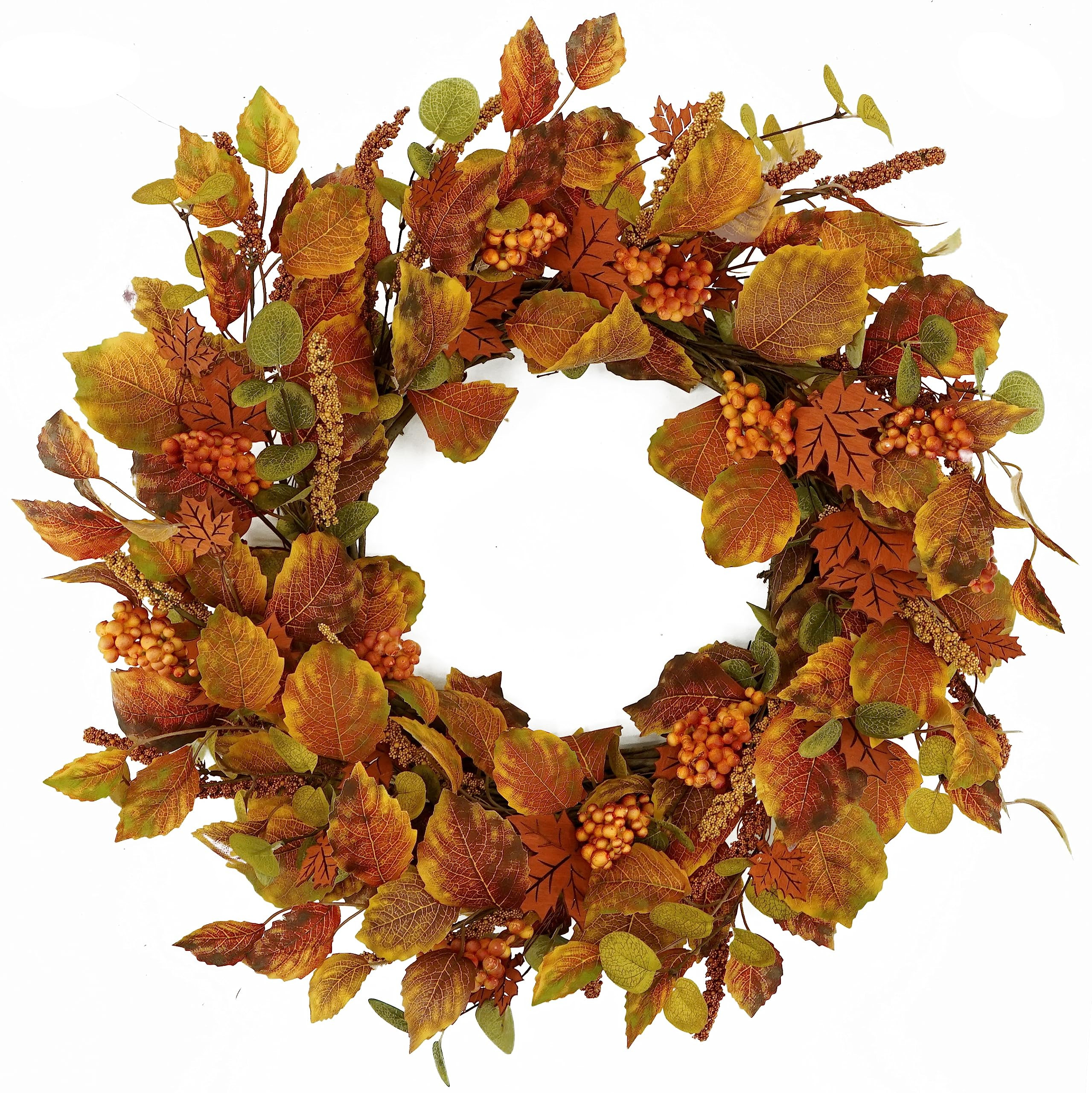 Fall Wreath 20" Autumn Wreath for Front Door with Maple Leaves, Ears of Wheat and Berry, Fall Lea... | Amazon (US)