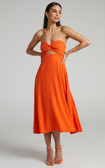 Avie Midi Dress - Twist Strapless Cocktail Dress in Orange | Showpo (US, UK & Europe)