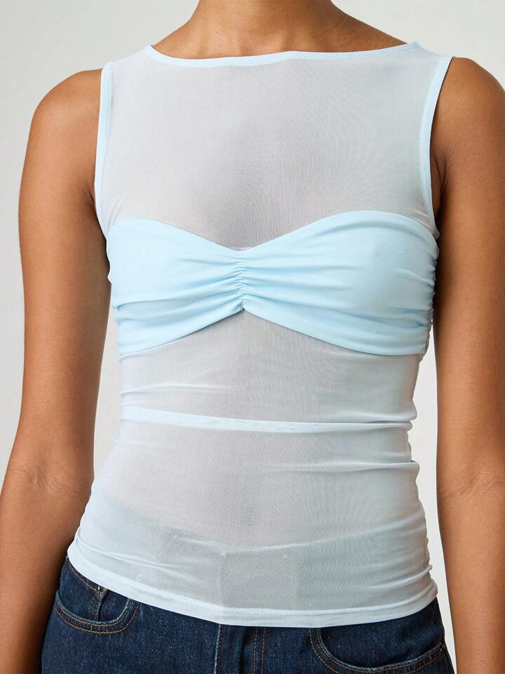 Women's Sheer Mesh Tank Tops Sleeveless Round Neck Solid Slim Fit Ruched Vest Shirts | SHEIN
