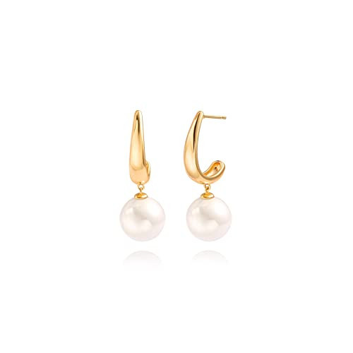 PEARLADA Shell Pearl Drop Earrings for Women, 18k Gold Plated Open Hoop Earrings, Dainty Wedding Jewelry for Bride | Amazon (US)