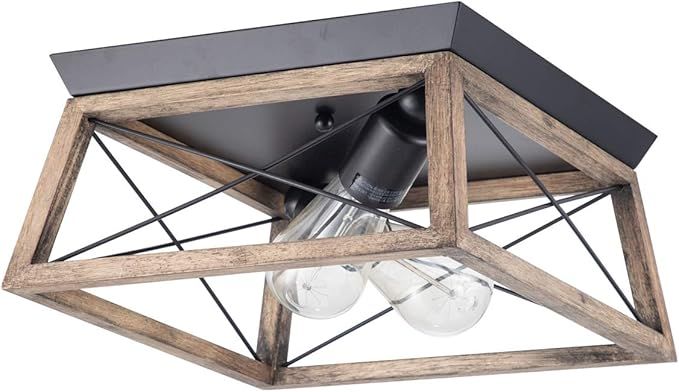 VILUXY Retro Industrial Rectangle Flush Mount Ceiling Light Fixture with Wood Shade for Hallway, ... | Amazon (US)