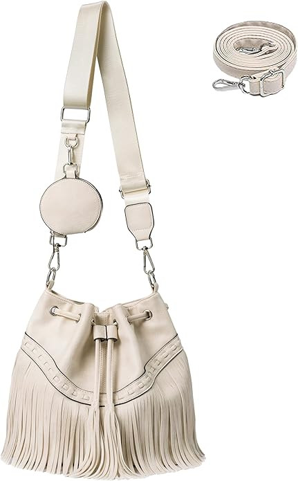 Sunwel Fashion Women Bucket Fringe Hobo Bag Western Purse Vegan Leather Tassel Hippie Shoulder Cr... | Amazon (US)