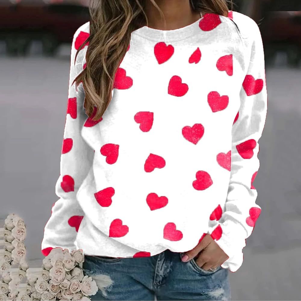 Women's Valentine's Day Sweatshirt Tops Sweater Heart Long Sleeve Round Neck Loose Sweater Jumpers | Amazon (US)