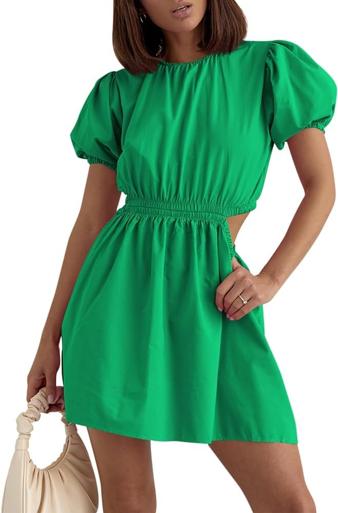 Fisoew Women 's Summer Dresses Cutout Puff Short Sleeve Casual Crewneck Elastic A-Line Mini Dress | Amazon (US)