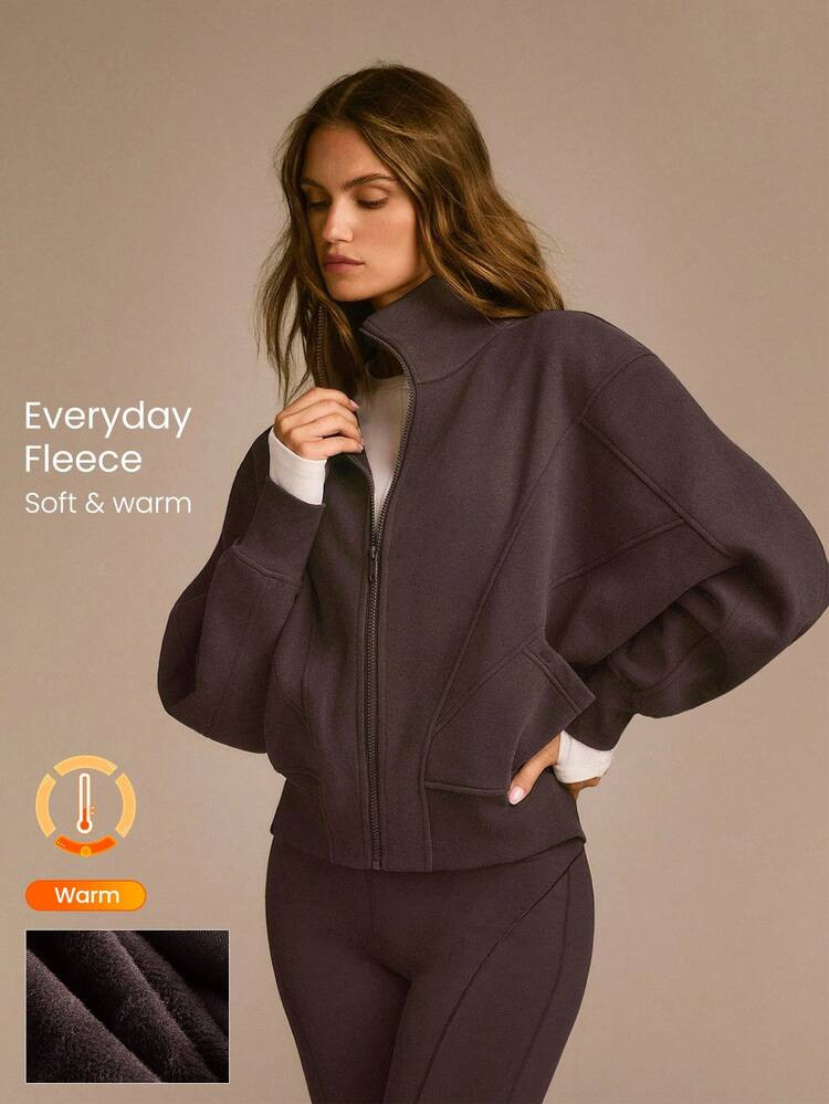 GLOWMODE Everyday Fleece Warmth Whisperer Soft Warm Lightweight Front Back Seam Detailing Pockets Batwing Sleeve High Neckline Full-Zip Jacket Autumn Winter Daily Casual | SHEIN