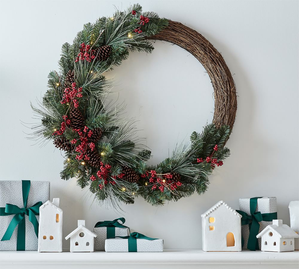 Pre-Lit Faux Red Berry & Pine Wreath | Pottery Barn (US)