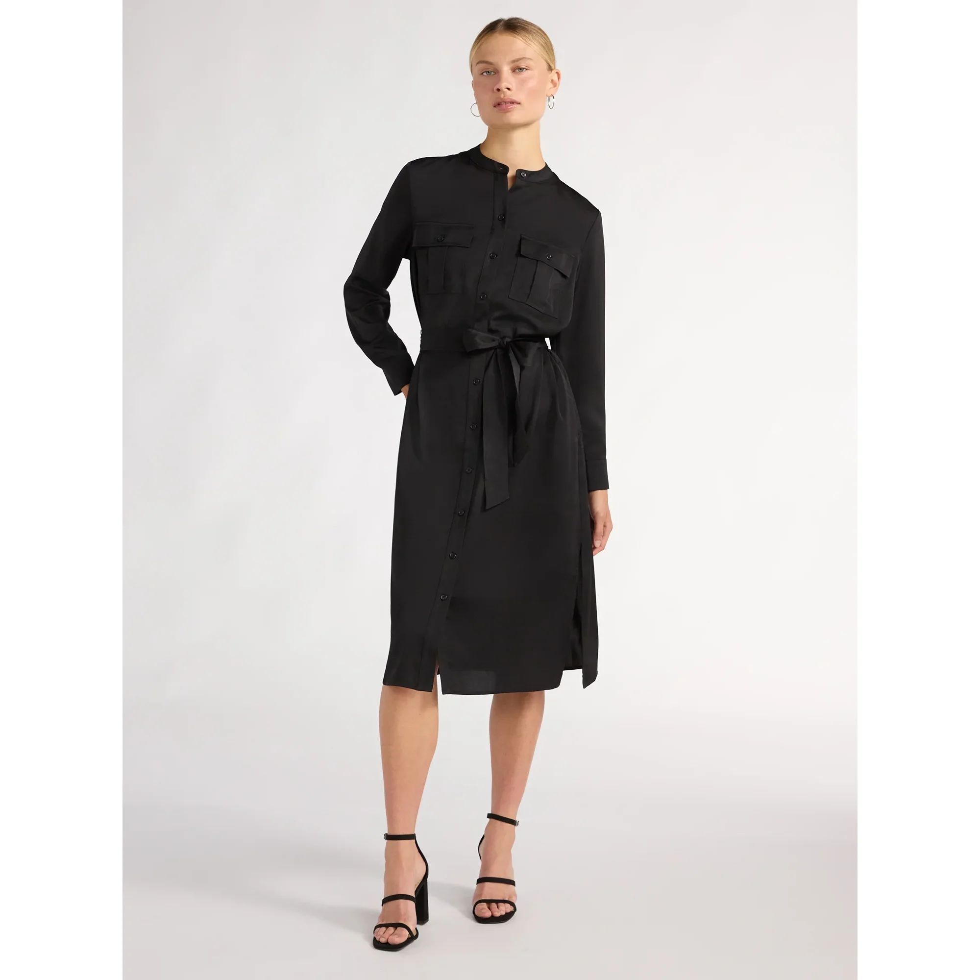 Scoop Women’s Satin Button Down Dress with Cargo Pockets, Sizes XS-XXL | Walmart (US)