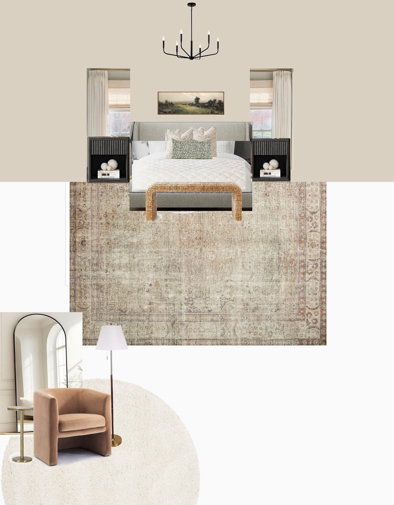 Bedroom Decor, master bedroom mood board, home decor, primary bedroom decor, bedroom ideas, nightstand, floor mirror, dresser, rug, curtains, bench  #bedroom #homedecor

