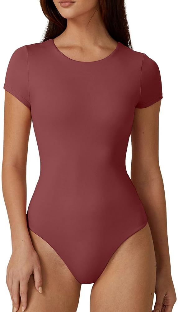 QINSEN Women's Crew Neck Short Sleeve Bodysuit Double Lined Body Suits Basic T-shirt Tops | Amazon (US)