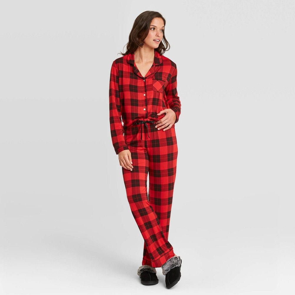Women's Buffalo Check Beautifully Soft Long Sleeve Notch Collar Top and Pants Pajama Set - Stars Abo | Target