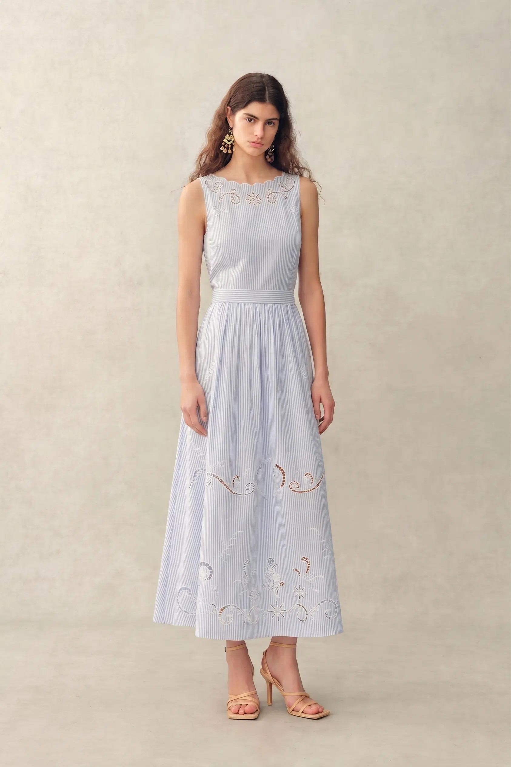 Gracie Striped Embroidered Open-back Sleeveless Dress in Crinkled Cott | Fabrique