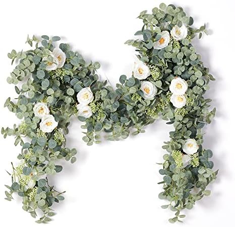 PARTY JOY 6.56ft Eucalyptus Garland with Flowers-8 White Roses, Artificial Fake Flowers Greenery ... | Amazon (US)
