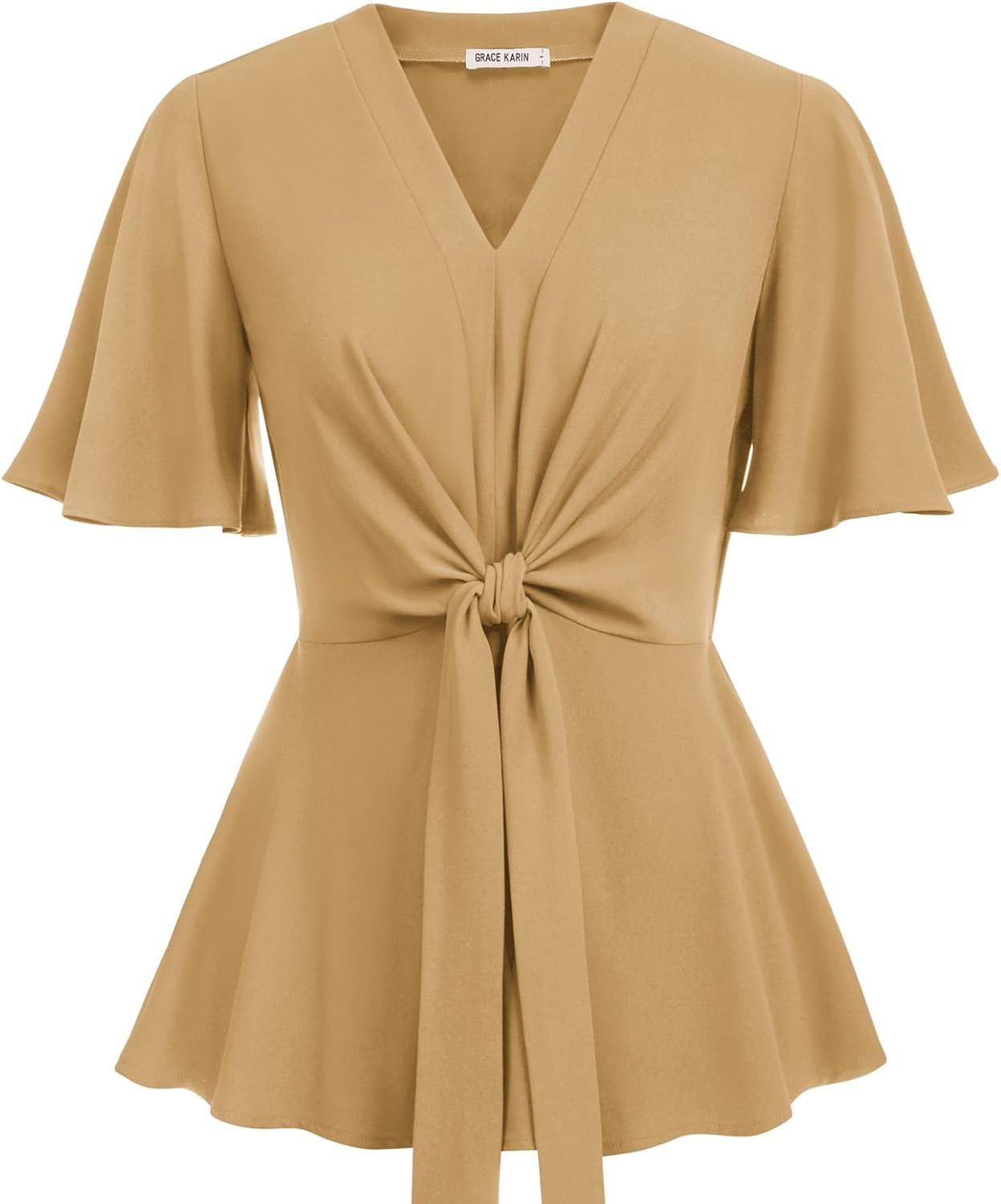 GRACE KARIN Women's Elegant V-Neck Tie Waist Flowy Peplum Shirt Tops | Amazon (US)