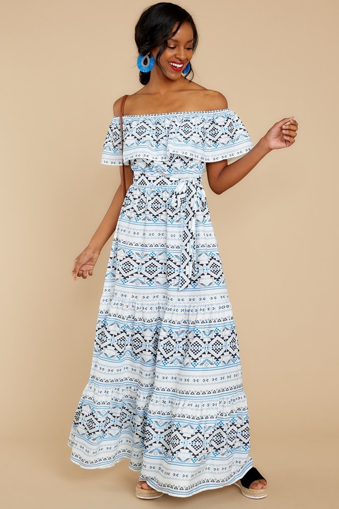 Buy A One Way Ticket Blue Print Off The Shoulder Maxi Dress | Red Dress 