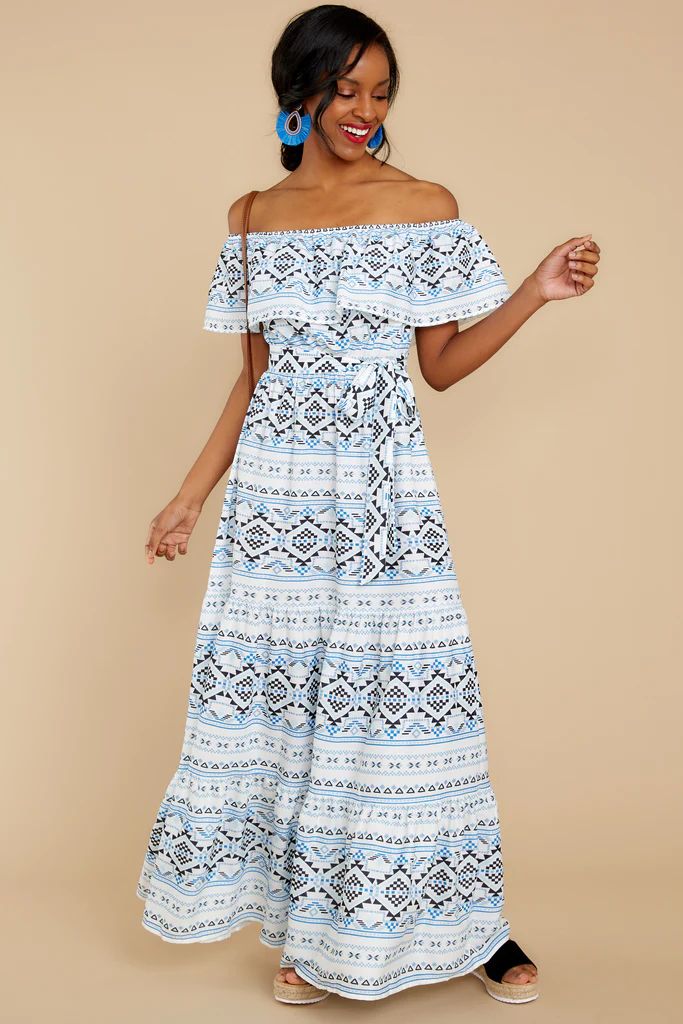Buy A One Way Ticket Blue Print Off The Shoulder Maxi Dress | Red Dress 