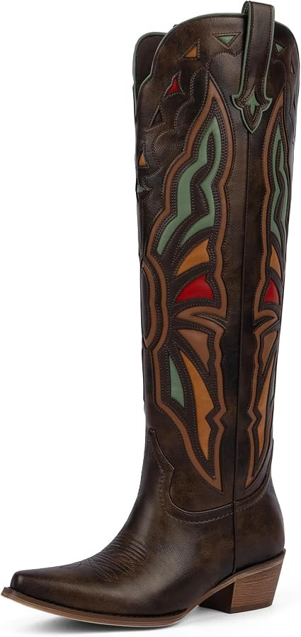 Modatope Cowboy Boots for Women Knee High Chunky Heel Butterfly Cowgirl Boots Wide Calf Pointed T... | Amazon (US)