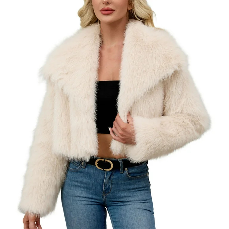 Women's Faux-Fur Coat Fluffy Faux-Fur Jacket Long Sleeve Lapel Furry Winter Warm Crop Jackets Sha... | Walmart (US)