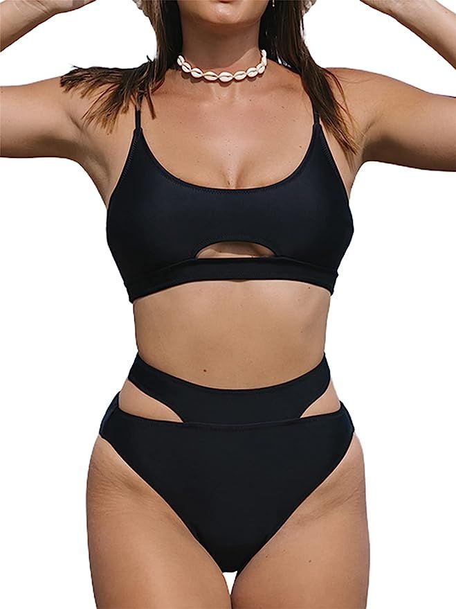 Hilinker Women's Cut Out 2 Piece Bikini Set Scoop Neck High Waisted Thong Swimsuits | Amazon (US)
