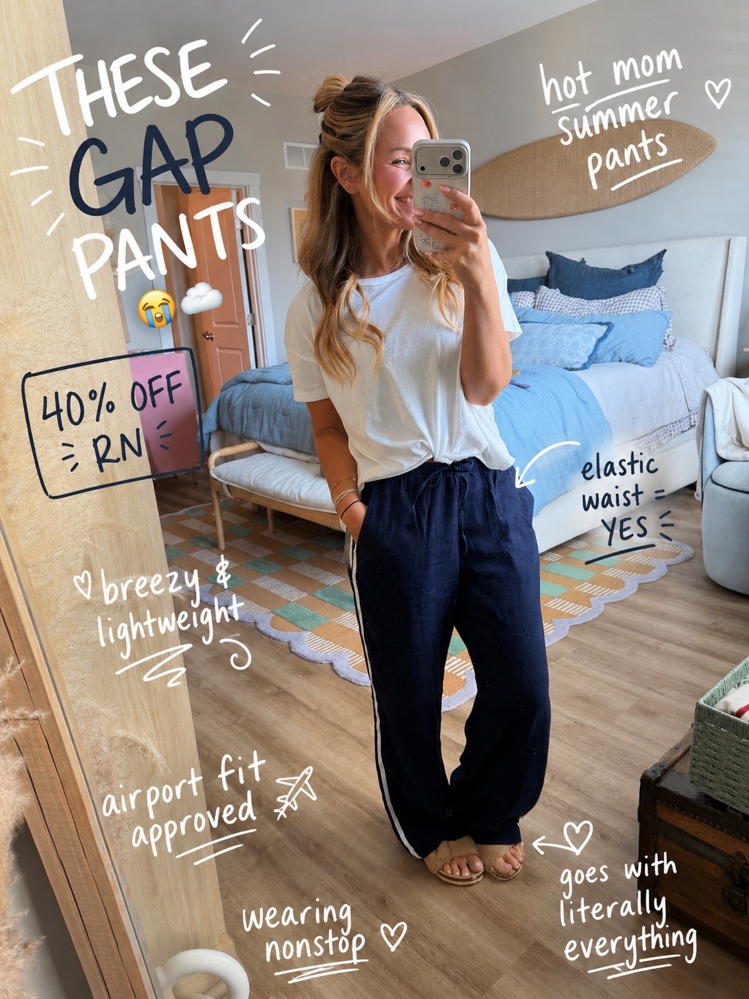 The pants that somehow make me feel put together while still feeling like pajamas 🤍

These Gap linen-blend pants have been on repeat lately. Lightweight, breezy, an elastic waist (the real MVP), and they go with literally everything from a basic tee to a tank and sandals.

Bonus: they’re currently 40% off and giving effortless “cool mom on vacation” energy. ✈️☀️