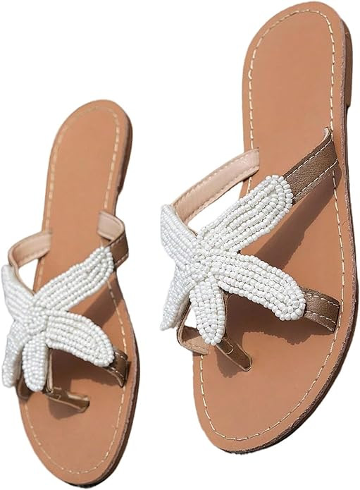 RoseSeek Women's Pearl Starfish Flip Flops Toe Post Thong Sandals Slip On Beach Vacation Slides | Amazon (US)