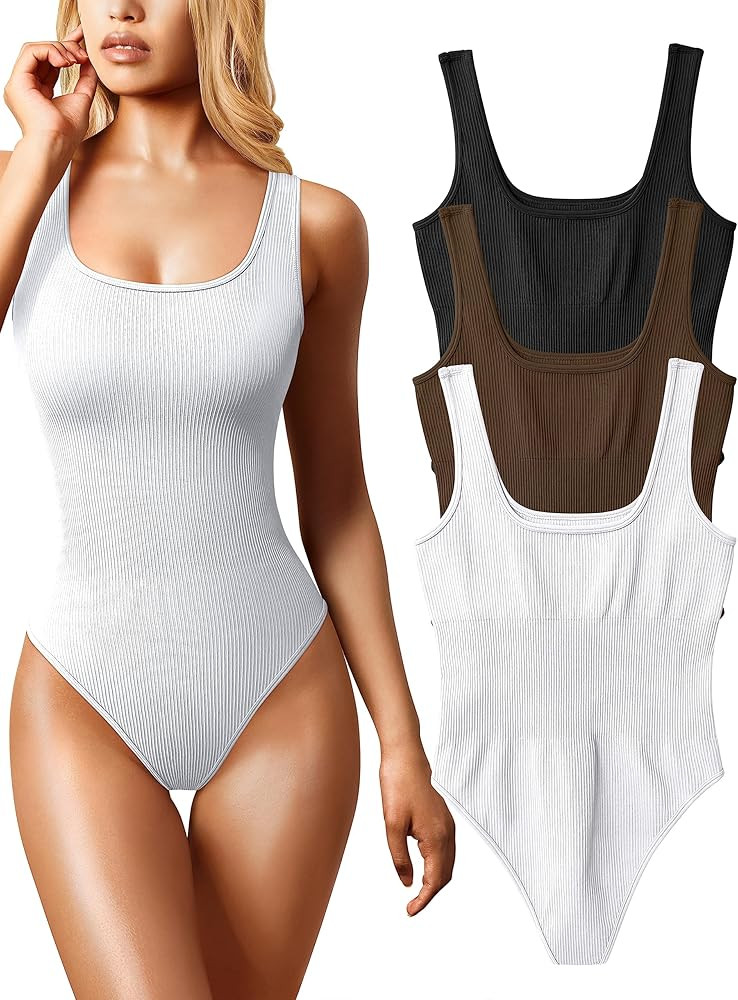 OQQ Women's 3 Piece Bodysuits Sexy Ribbed Sleeveless Square Neck Sleeveless Tank Tops Bodysuits | Amazon (US)