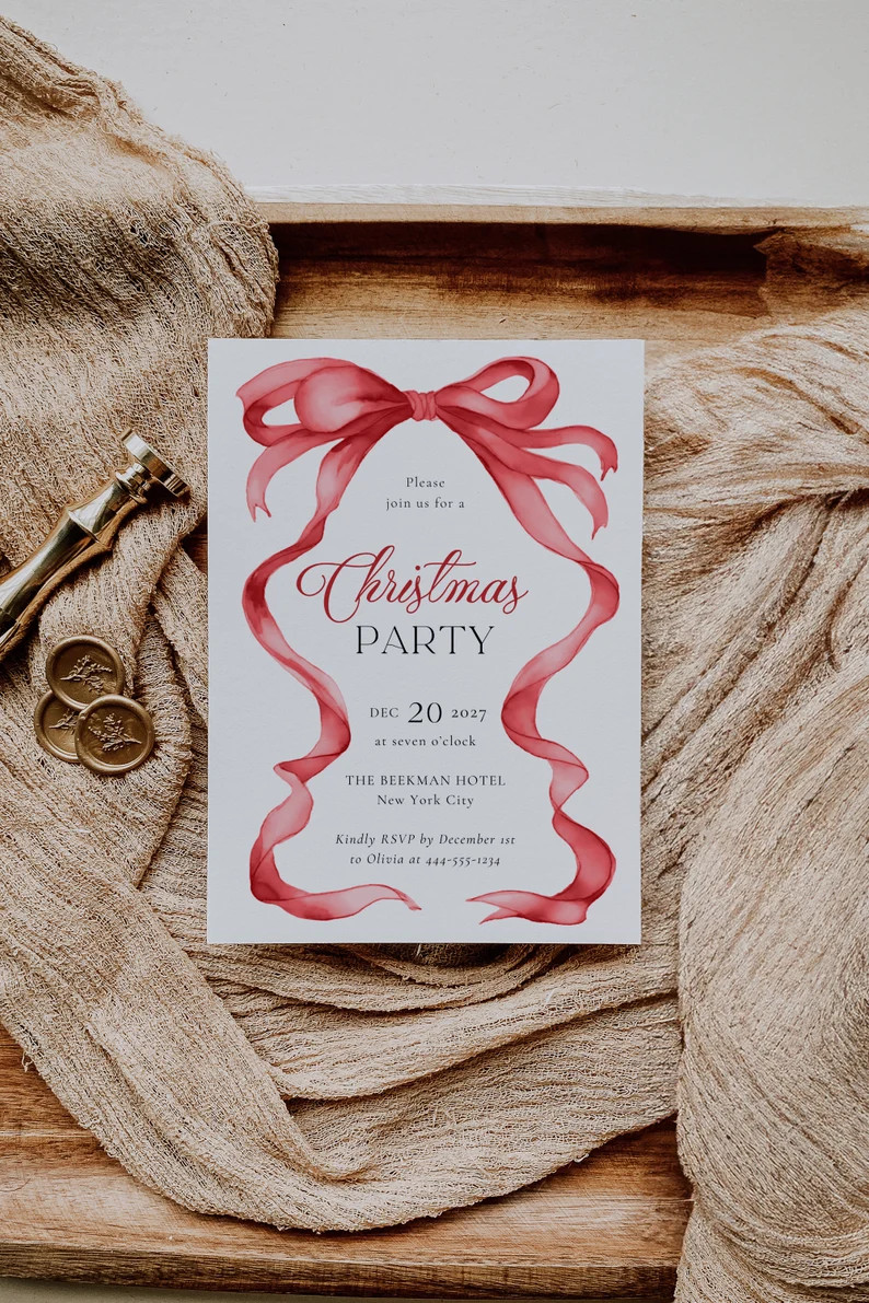 Red Bow Christmas Party Invitation, Christmas Invitation Printable, Christmas Invitation, Holiday... | Etsy (US)
