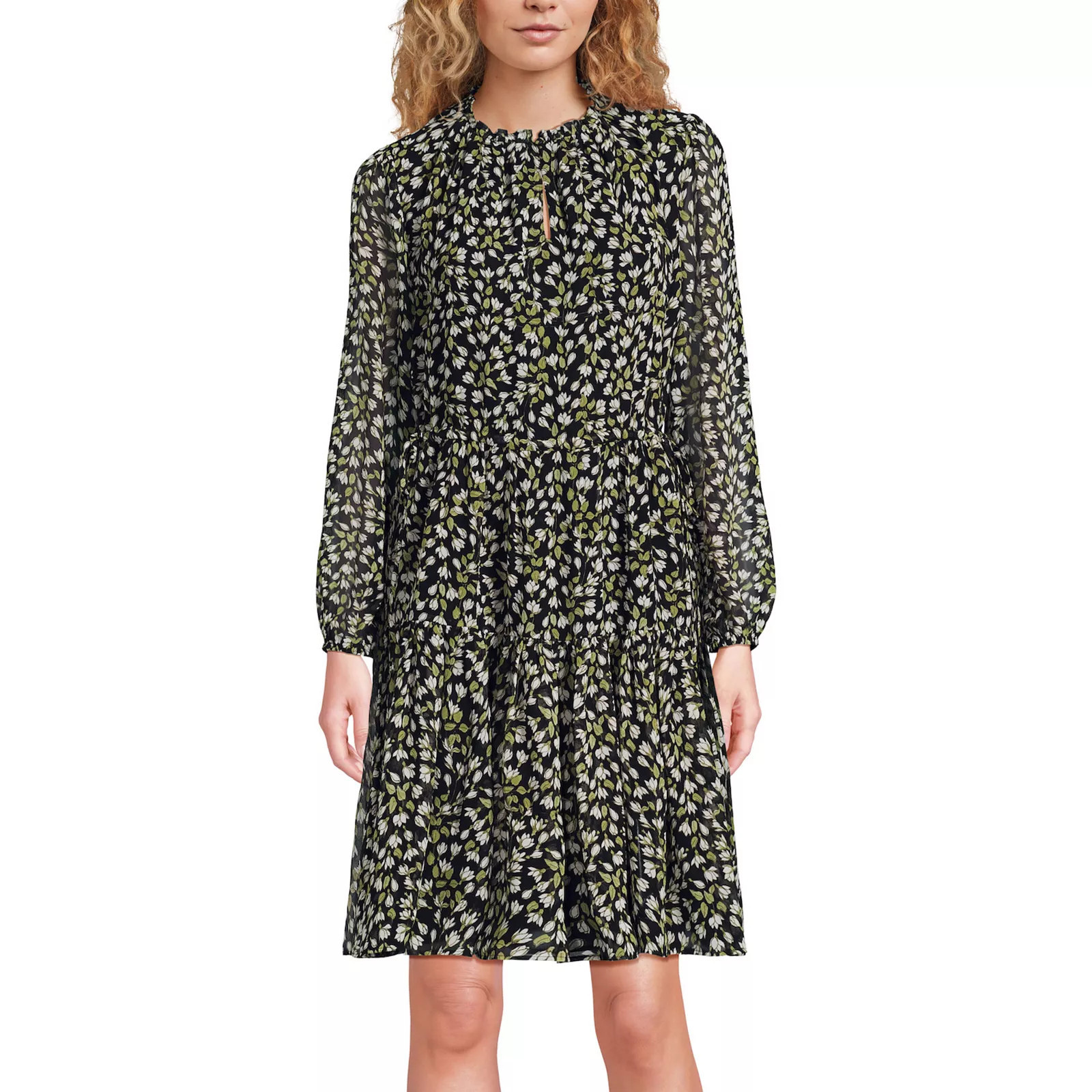 Women's Lands' End Chiffon Above the Knee Adjustable Dress, Size: Large, Black Bloom Floral | Kohl's