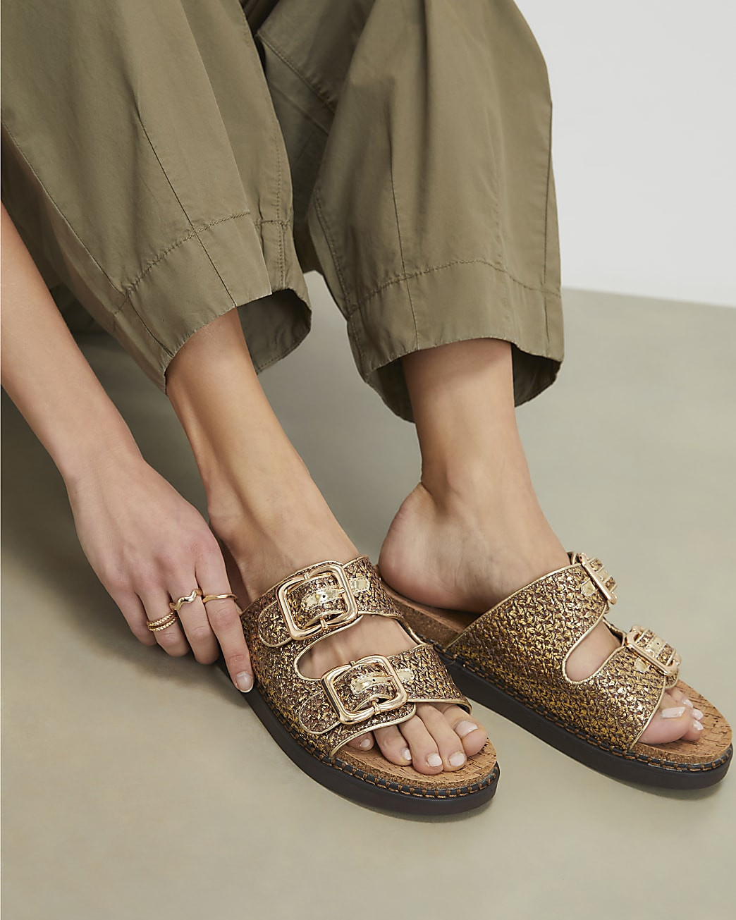 Gold Double Strap Footbed Sandals | River Island UK & IE