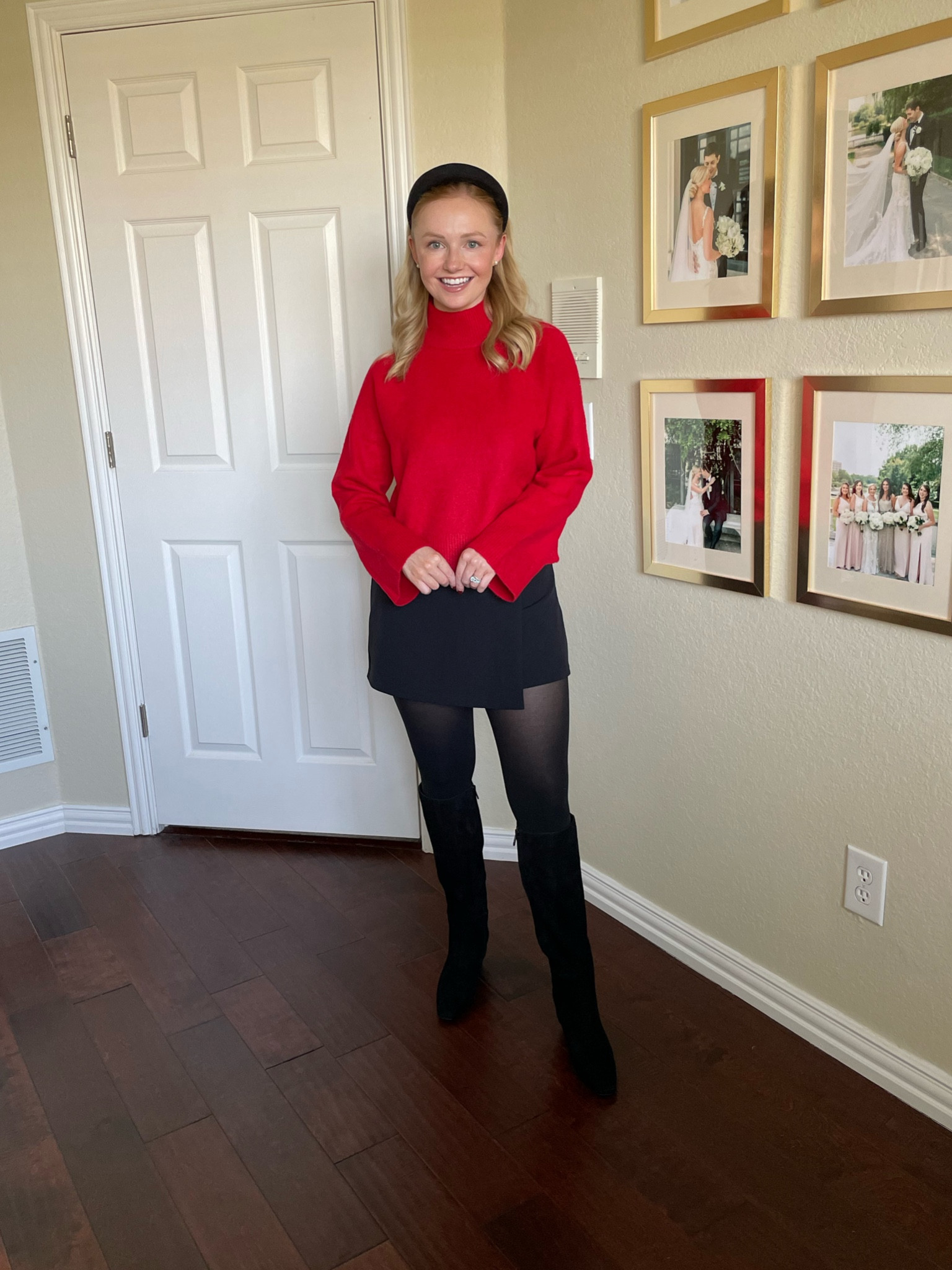 Wearing an XS in sweater and skirt | red sweater, mockneck sweater, black skort, black boots, suede boots 

#LTKFindsUnder100 #LTKSeasonal #LTKStyleTip