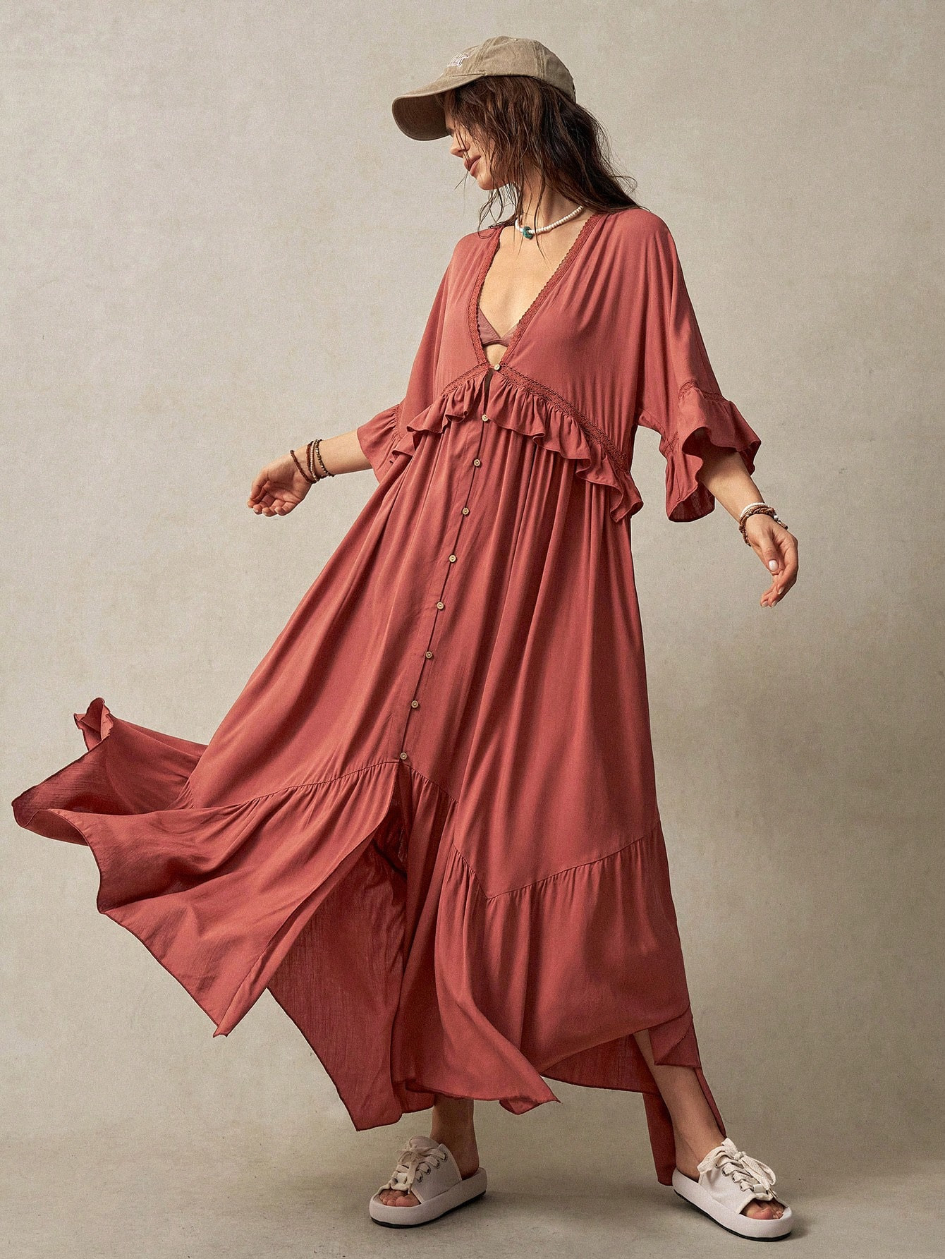Bohemela Women's Vacation Leisure Asymmetrical Hem Dress With Ruffle Detailing | SHEIN