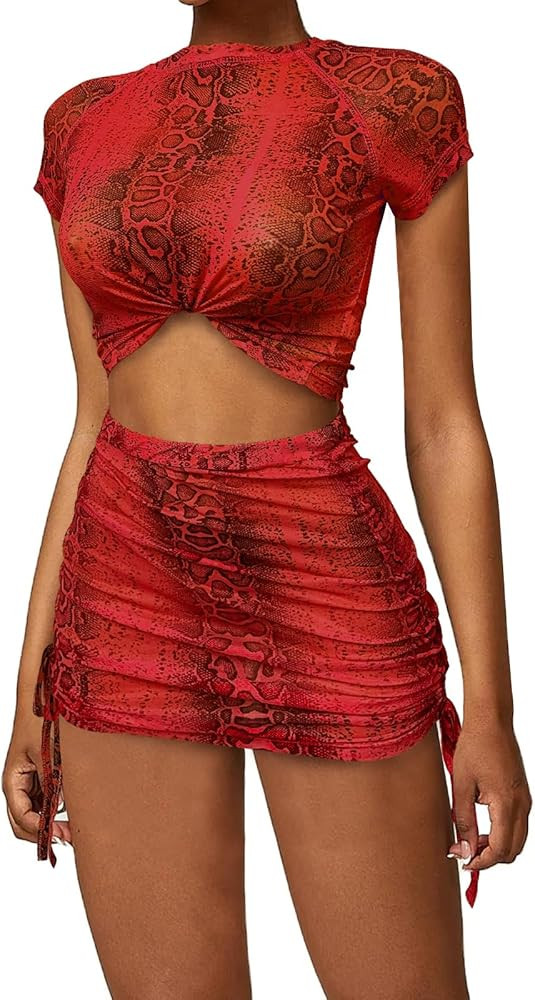 RAMOUG Mesh Cover Up See Through Party Beach Outfits Snakeskin 2 Piece Mini Skirt Set | Amazon (US)