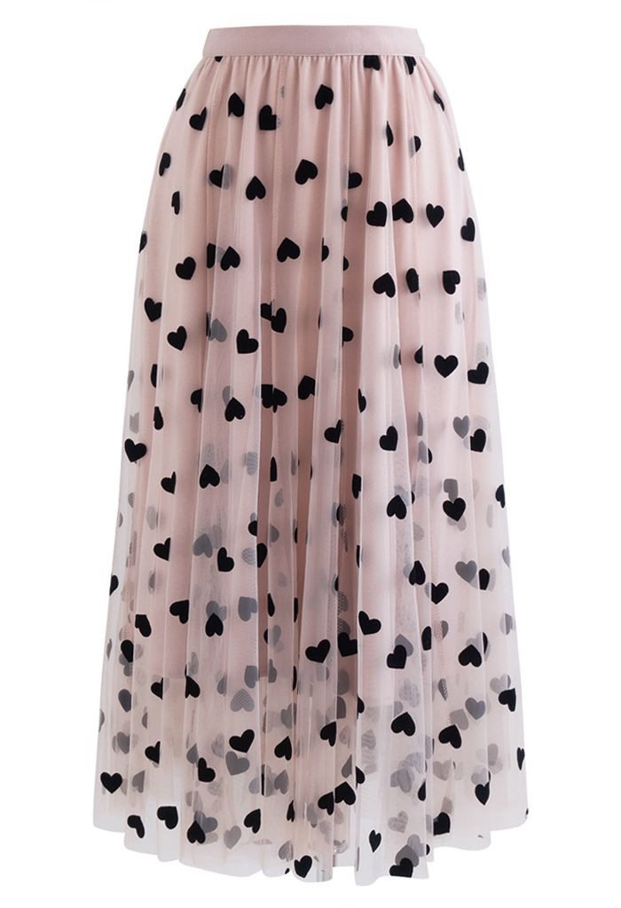 3D Heart Double-Layered Mesh Maxi Skirt in Blush Pink | Chicwish