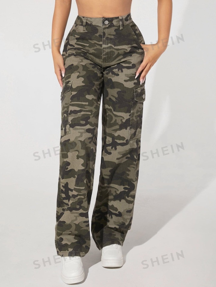 SHEIN PETITE Camo Print Flap Pocket Cargo Jeans | SHEIN