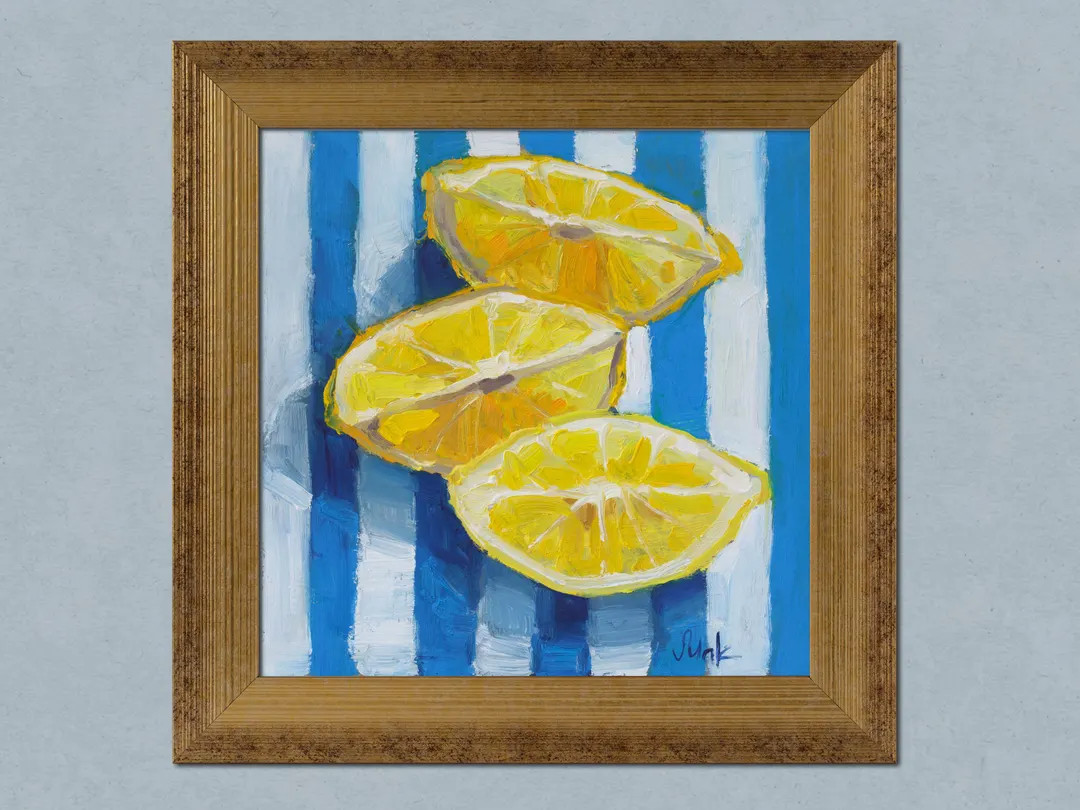 Lemon Slices Print Oil Painting Fruit Still Life Art Artwork Impasto Kitchen Painting 8x8'' by Na... | Etsy (US)