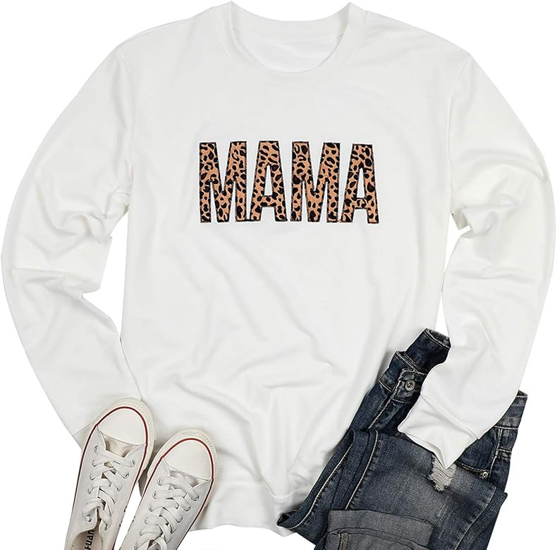 EGELEXY Mama Sweatshirt Women Cute Leopard Funny Letter Print Mom Blouse Tops Casual Long Sleeve ... | Amazon (US)