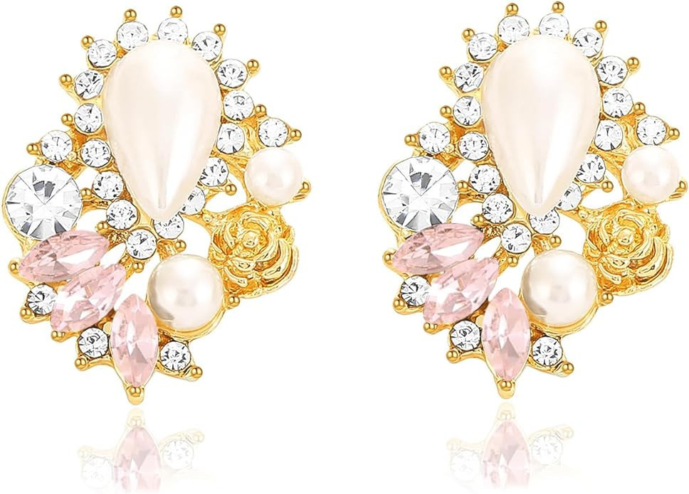 Moiegouct Rhinestone Pearl Drop Earrings Sparkly Crystal Pearl Stud Earrings for Women Wedding Br... | Amazon (US)