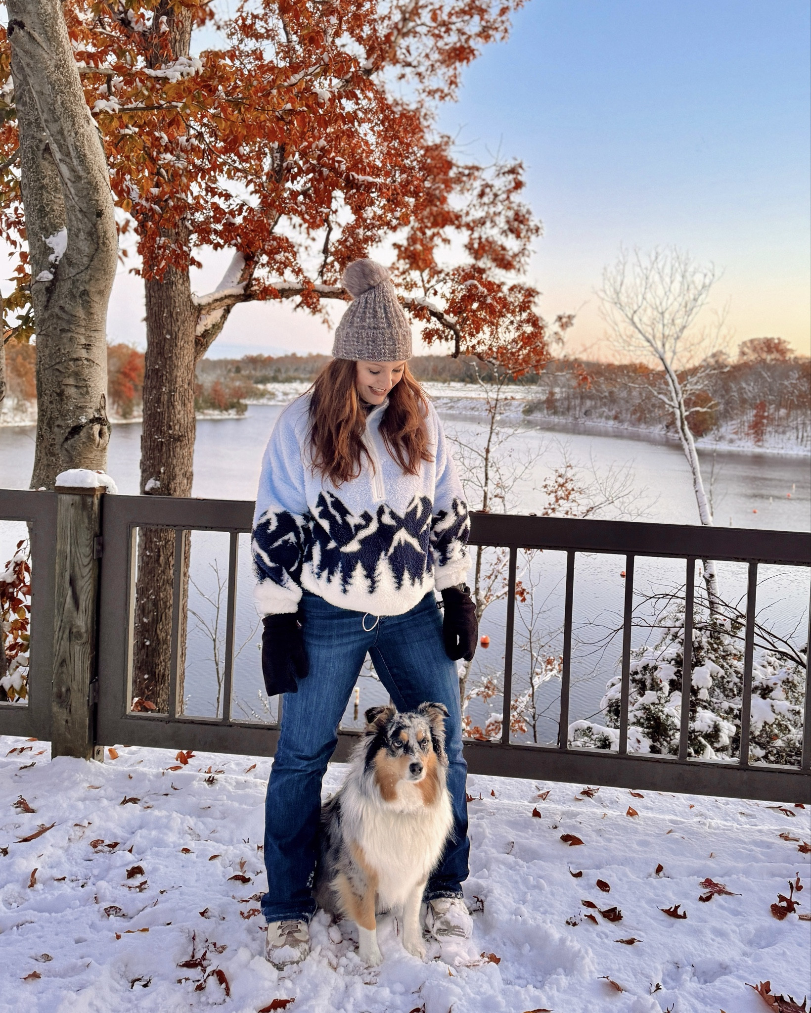 First snowfall magic with my favorite adventure buddy🍁❄️ 🐾 

Merrell snow boots are a few years old - no longer available - linked similar options  
#firstsnowfall #sunsetstroll

#LTKActive #LTKPets #LTKSeasonal