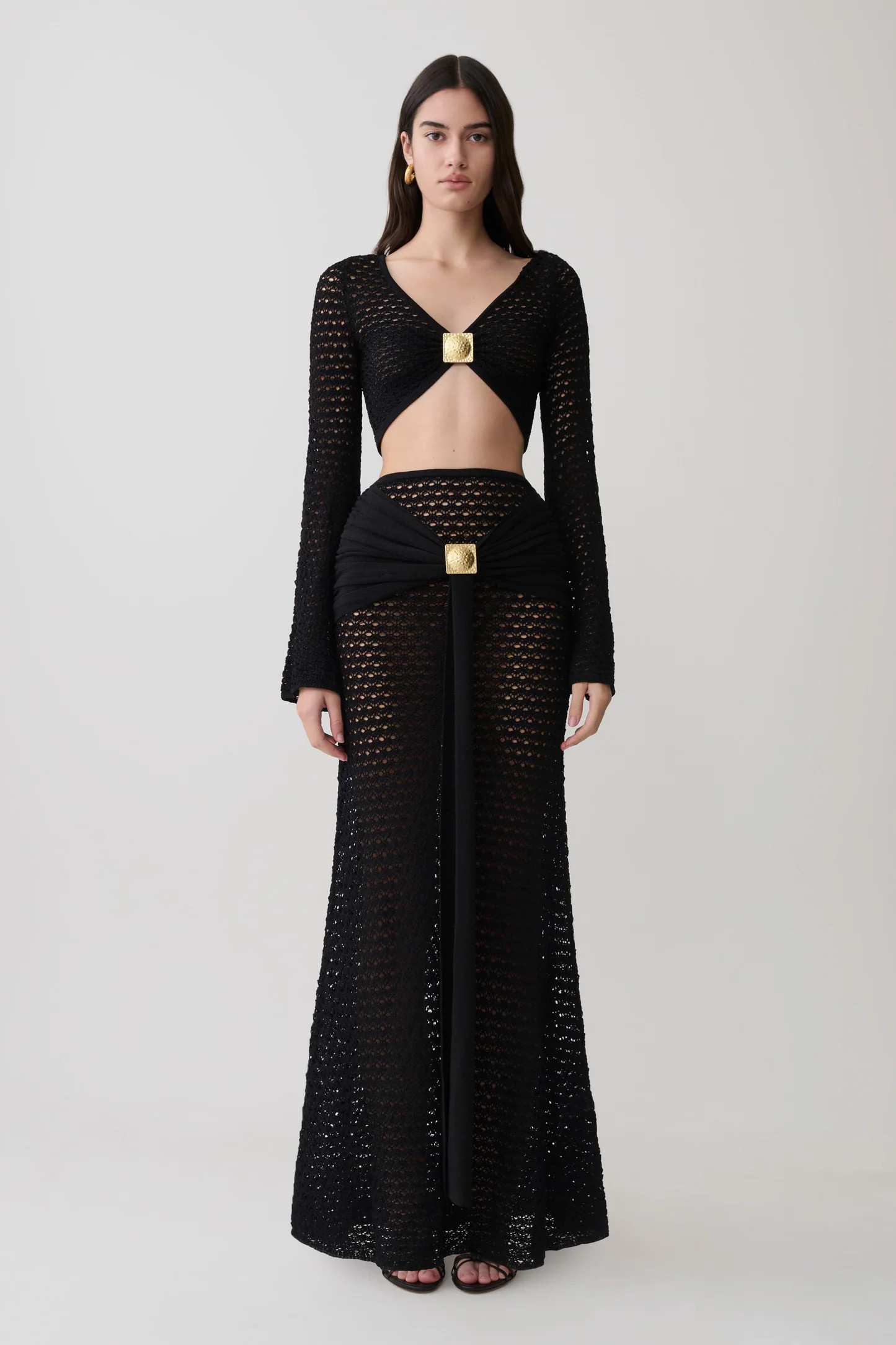 Mania Crochet Maxi Skirt With Hardware - Black | MESHKI US
