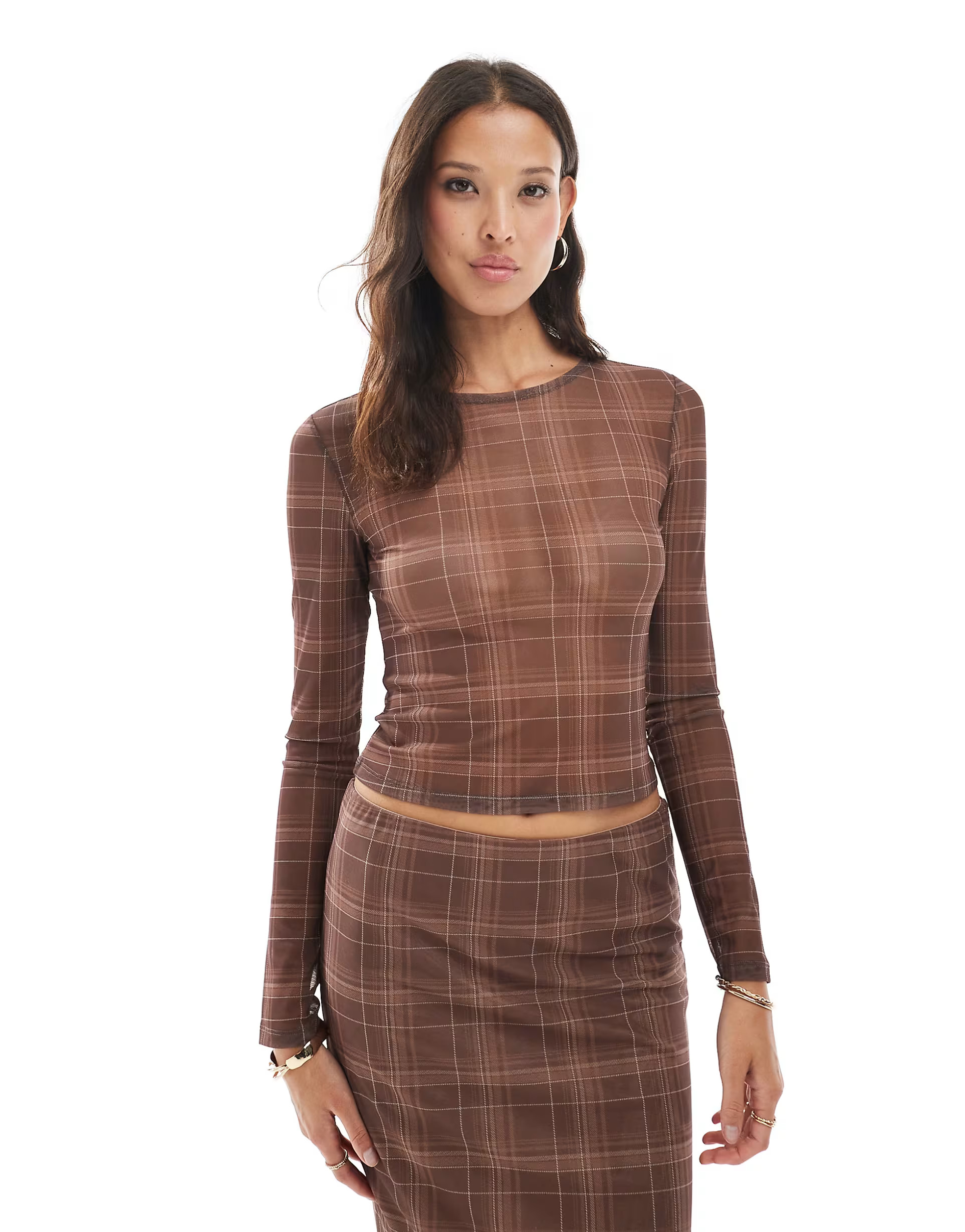 Vero Moda sheer mesh long sleeve top in mocha plaid print - part of a set | ASOS (Global)