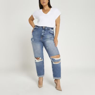 Plus blue ripped high waisted straight jeans | River Island (UK & IE)