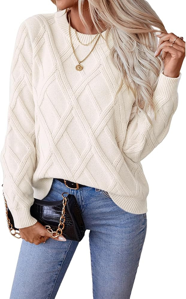 SHEWIN Womens Sweaters Crewneck Cable Knit Sweater Long Sleeve Fall Tops for Women 2025 | Amazon (US)
