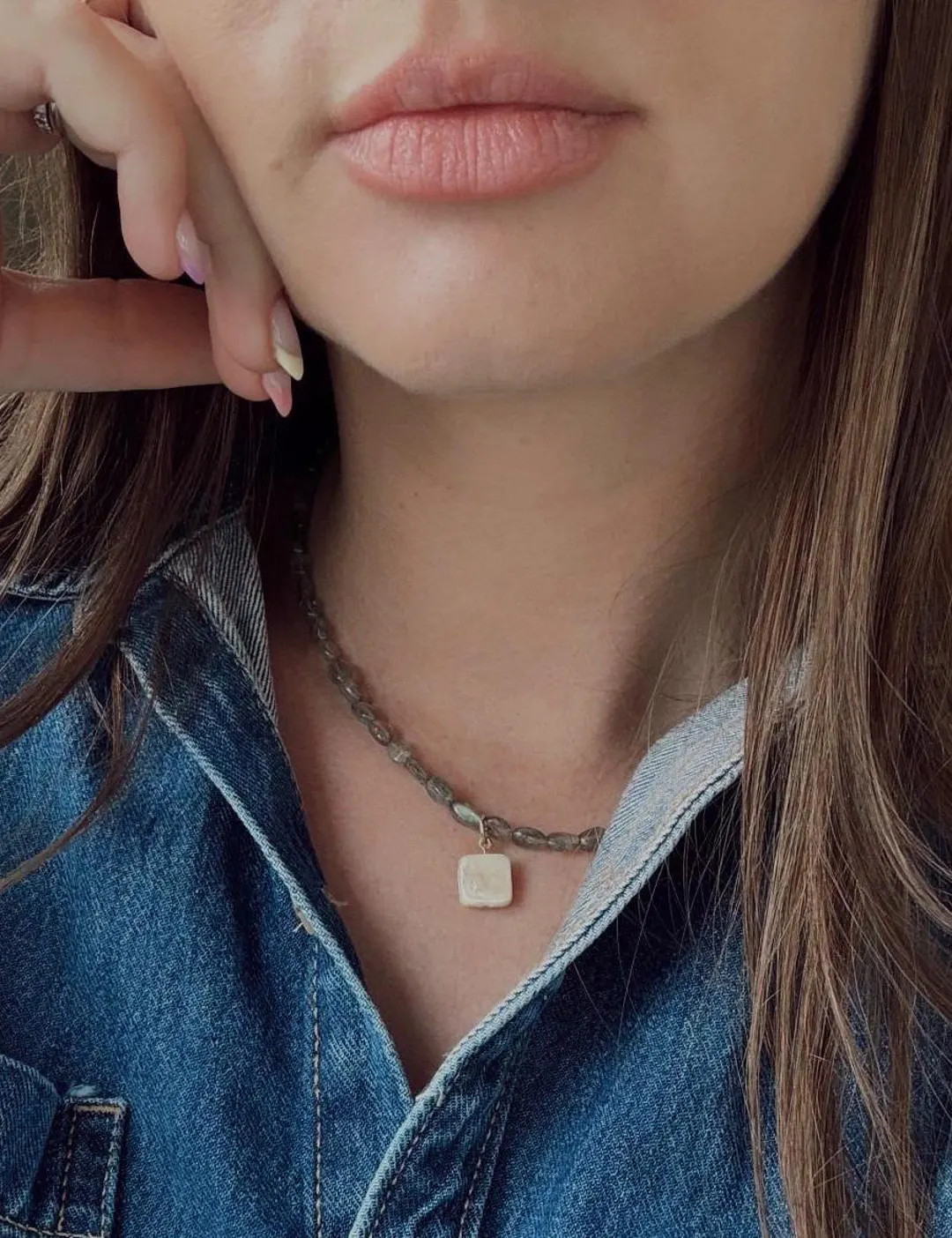 Genuine Labradorite Irregular Gemstones 4-5mm With Flat Square Freshwater Pearl Pendant. Baroque ... | Etsy (US)