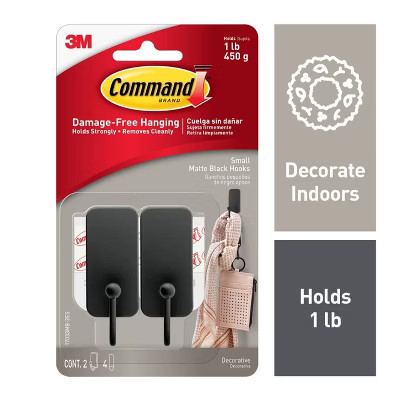 Command Small Matte Black Hooks: Decorative Wall & Kitchen Hooks, Metal, 0.5 lb Capacity, 2-Pack | Target