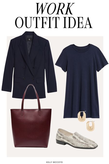 Work outfit idea: t shirt dress, blazer, snakeskin loafers, burgundy leather tote 

#LTKstyletip #LTKworkwear